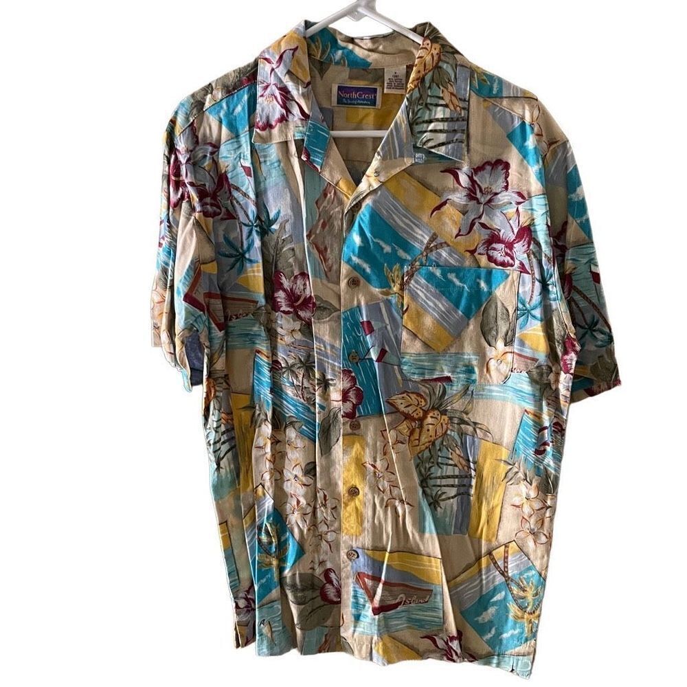 NorthCrest Button Up Men’s Shirt S Vintage Floral Cotton Rayon Hawaiian Camp